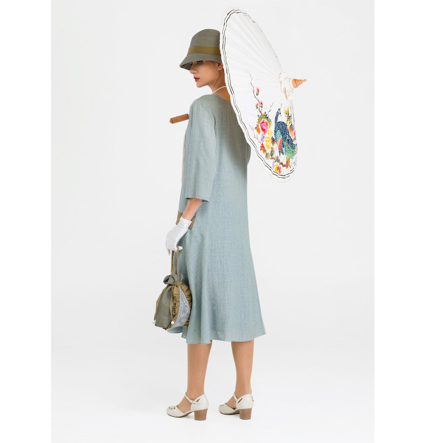 Great Gatsby linen dress in grey and olive with square neckline