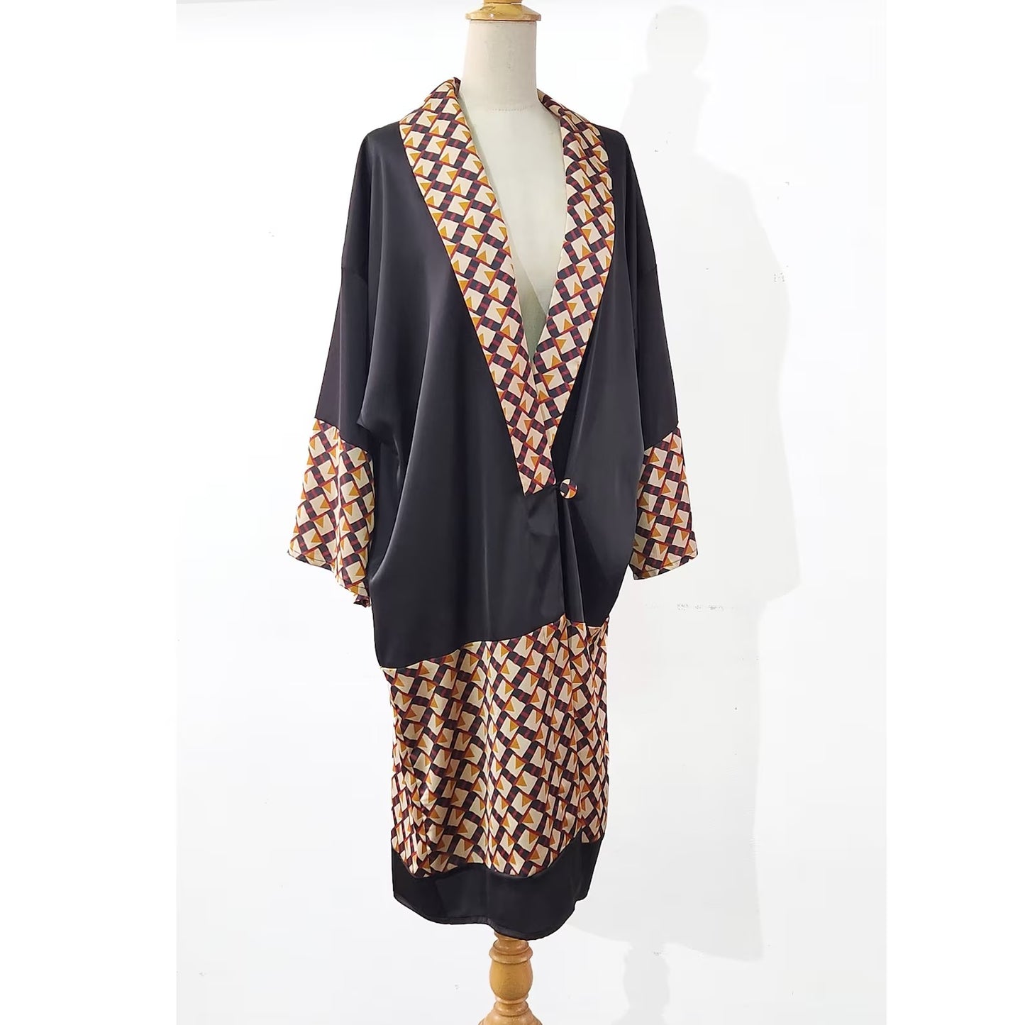 Black satin kimono robe with brown print. The roaring 20s Japanese kimono can be worn as 1920s evening coat, 1920s formal jacket or Great Gatsby robe.