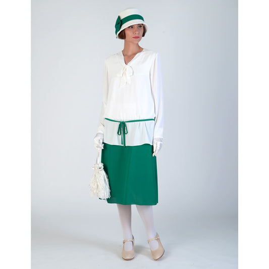 2-piece 1920s-inspired day dress in off-white & green chiffon - a vintage-inspired Roaring Twenties dress