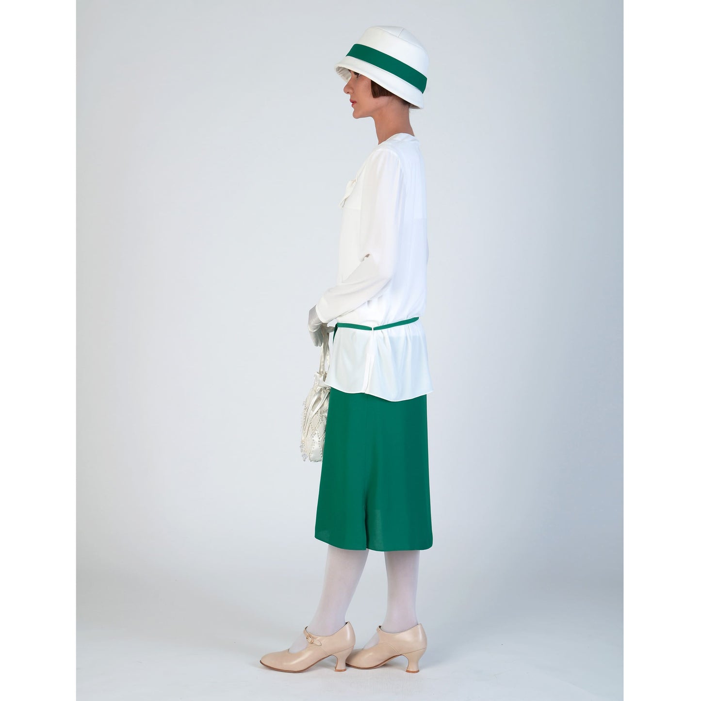 2-piece 1920s day dress made of off-white and green chiffon. Can be worn as roaring 20s high tea dress, Great Gatsby day dress or Downton Abbey dress