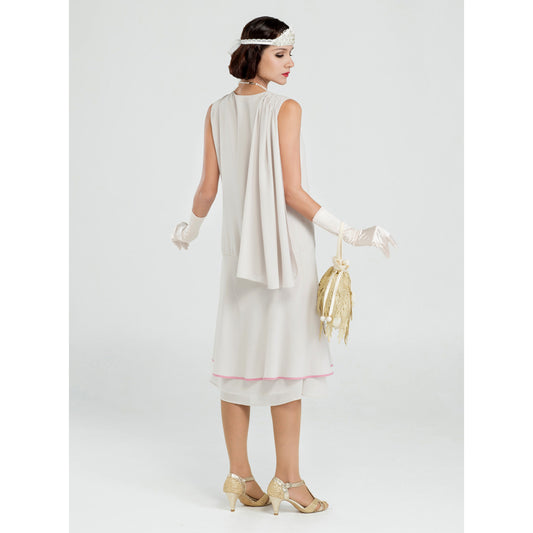 CLEARANCE: Chiffon roaring 20s dress in bleached linen color with shoulder train