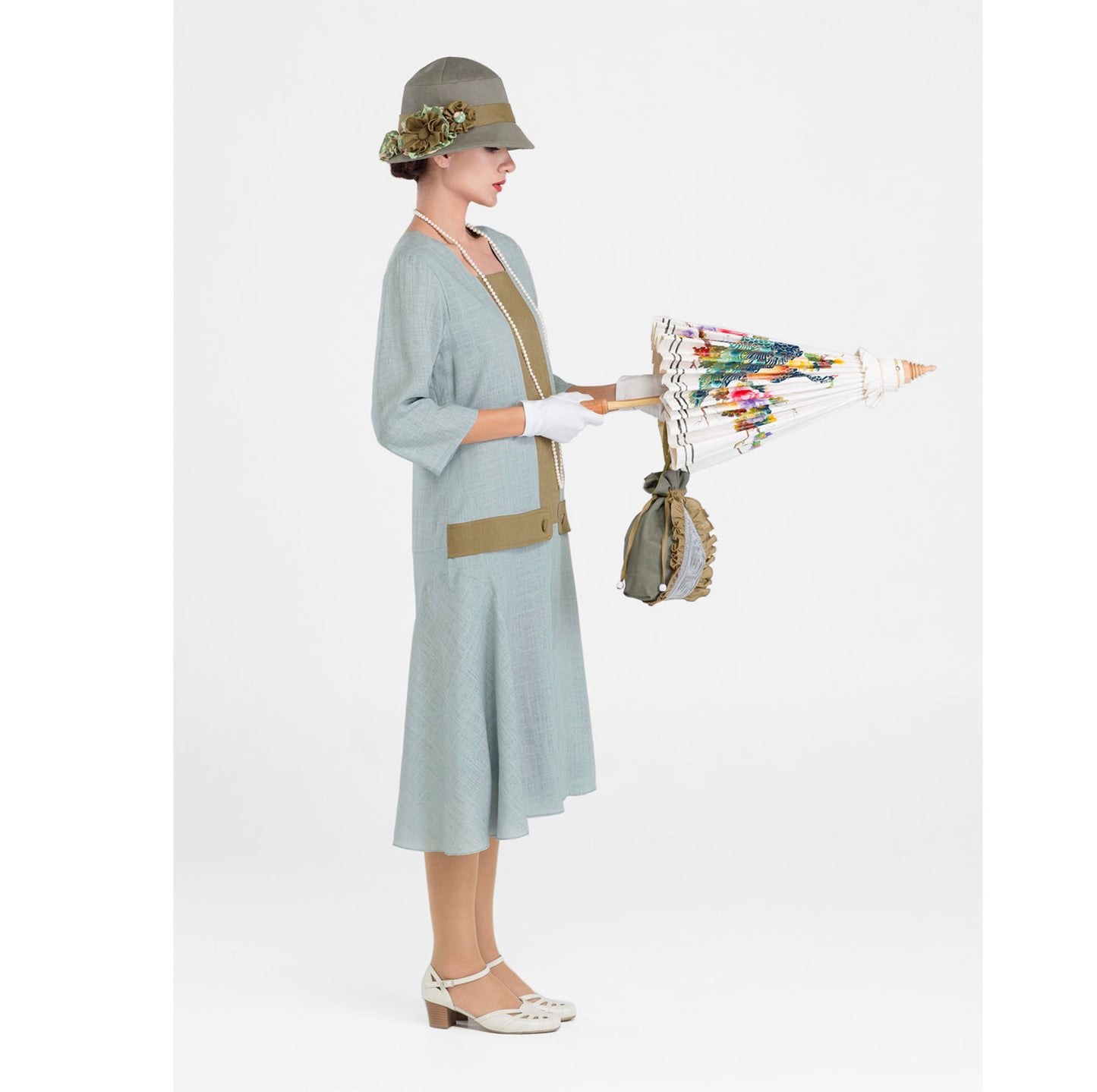 Great Gatsby linen dress in grey and olive with square neckline