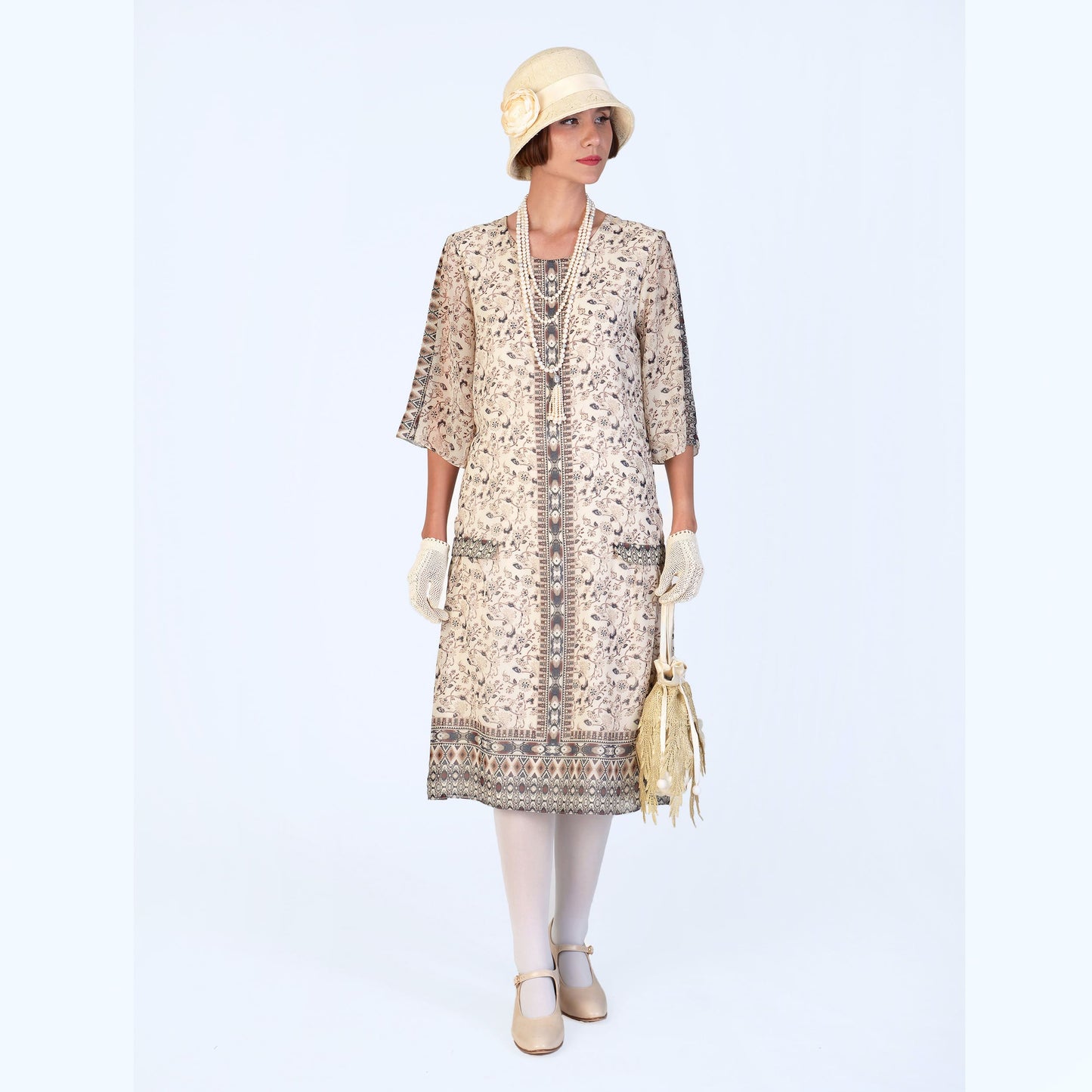 1920s high tea dress in printed cream chiffon with elbow sleeves - a Roaring Twenties dress