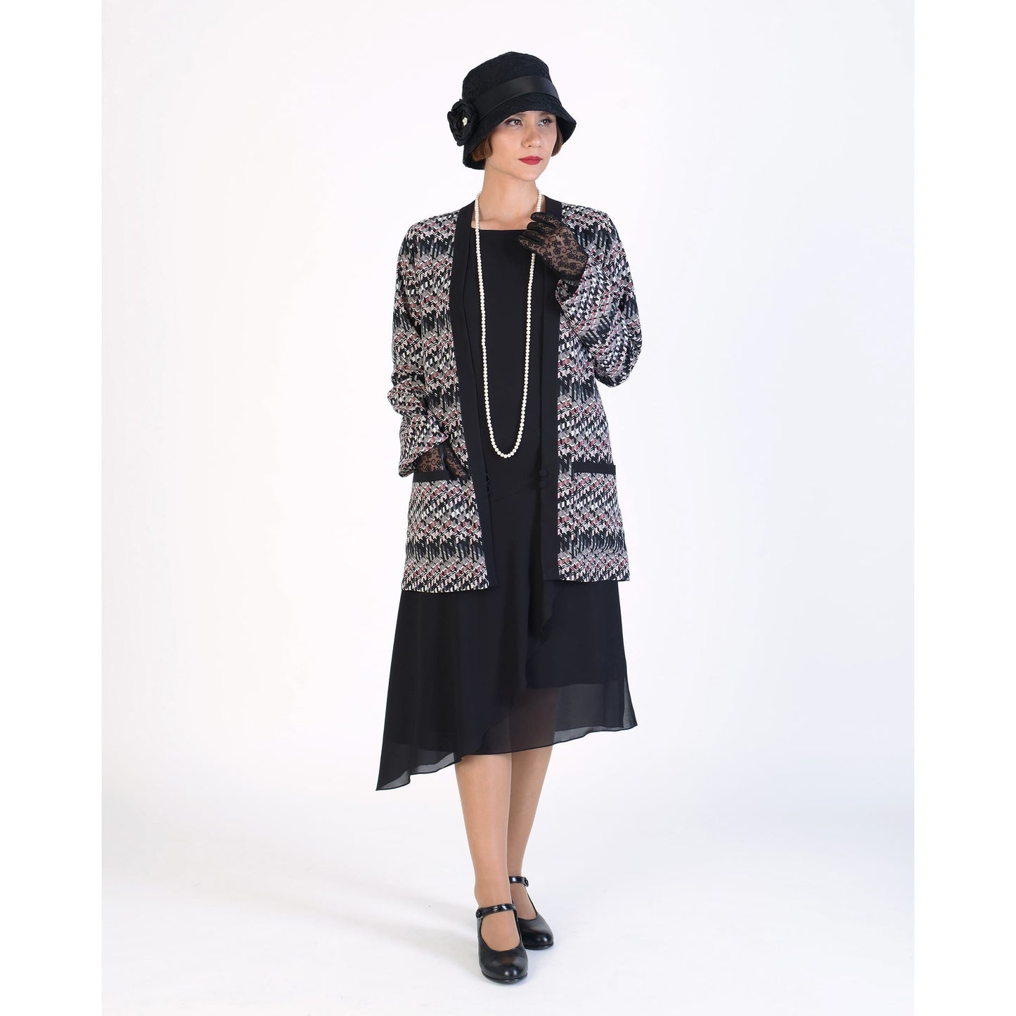 1920s Great Gatsby dress in black chiffon with a boat neck