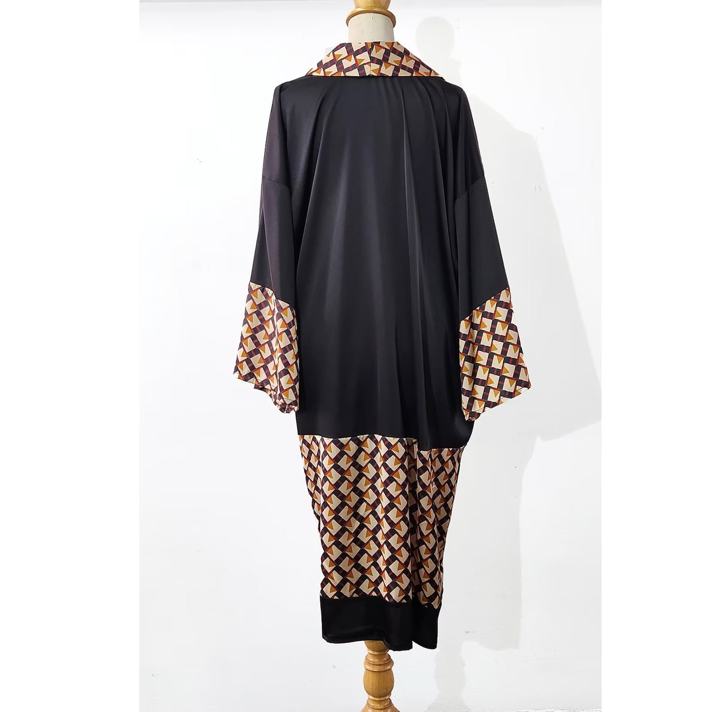 Black 1920s fashion inspired satin kimono robe with brown print