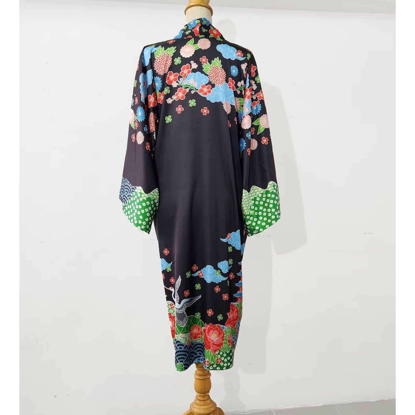 Oriental inspired black kimono robe with Japanese art print