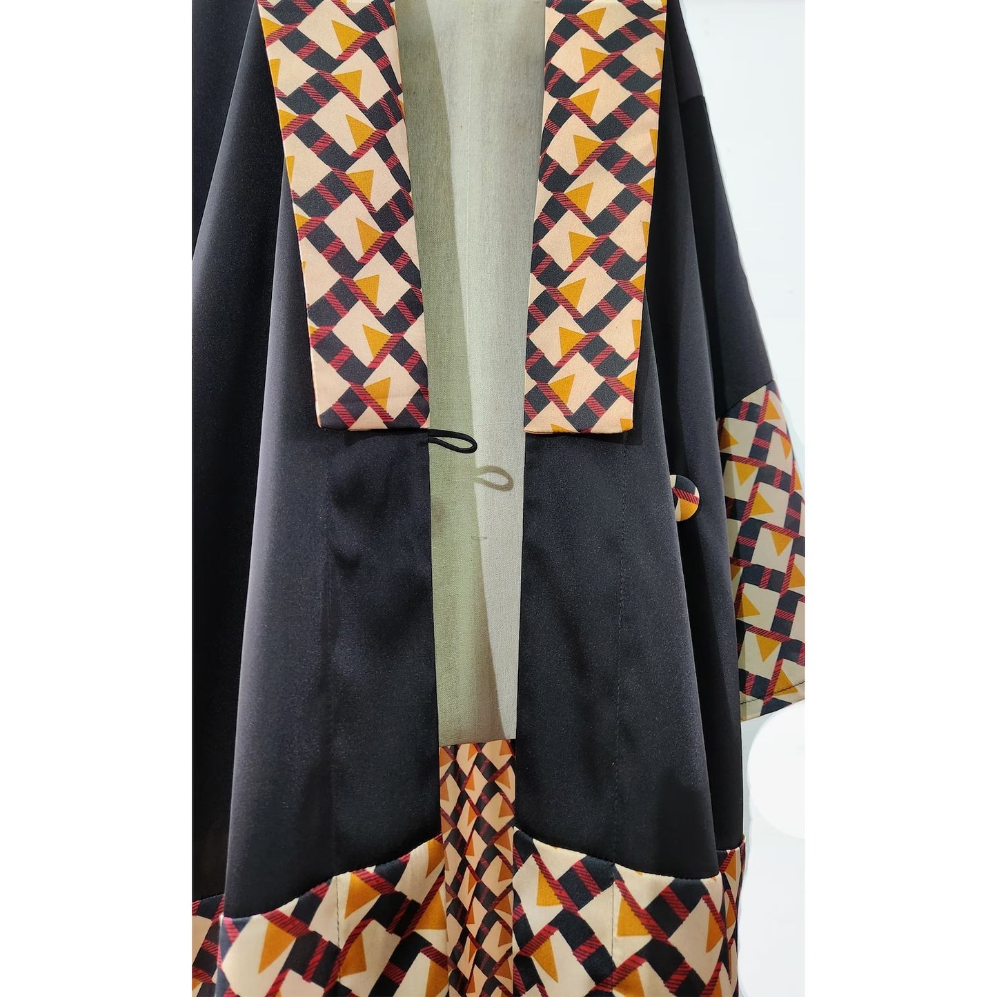 Black 1920s fashion inspired satin kimono robe with brown print