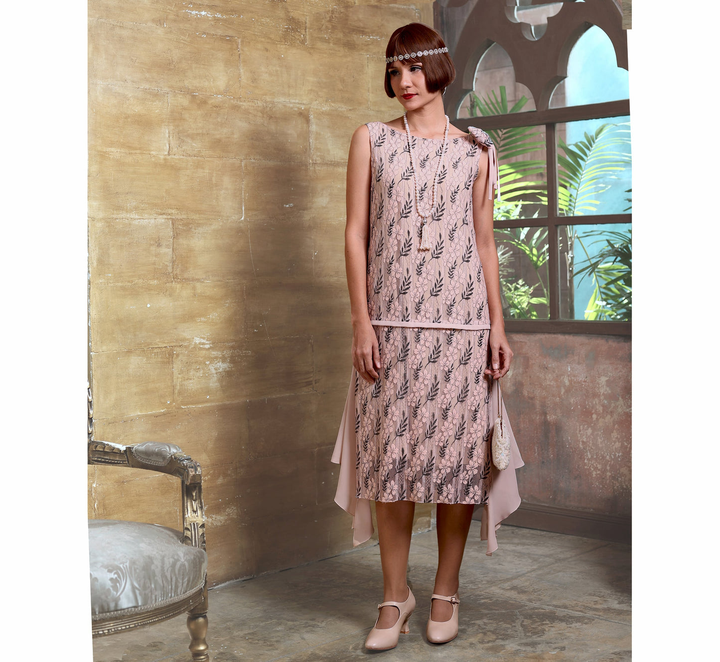 1920s Great Gatsby party dress in pink and black lace