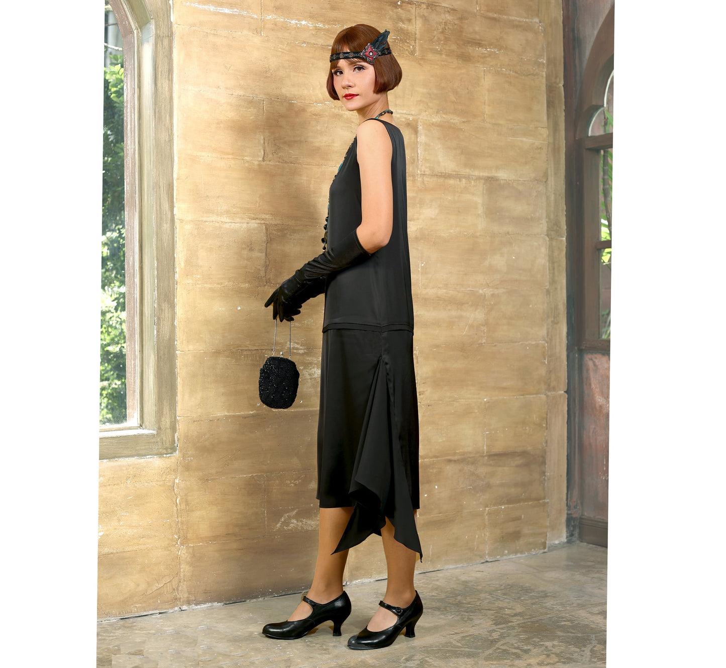 Black satin 1920s dress with boat neckline. The 20s evening dress can be worn as a Great Gatsby party dress or Lady Mary dress.