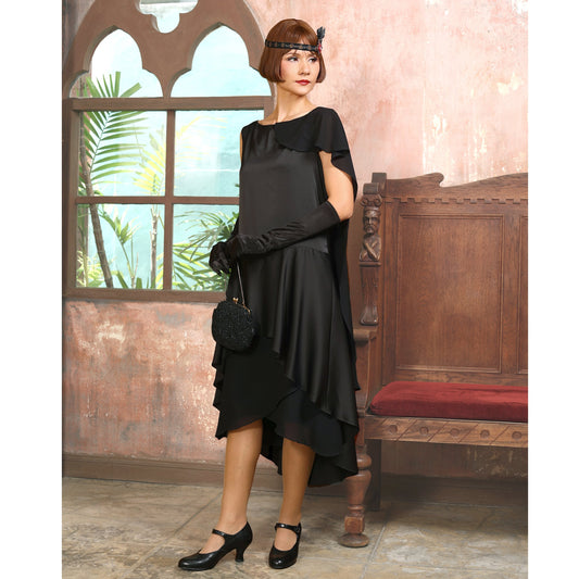 Black 1920s formal evening satin dress with a shoulder train - a vintage-inspired Roaring Twenties dress