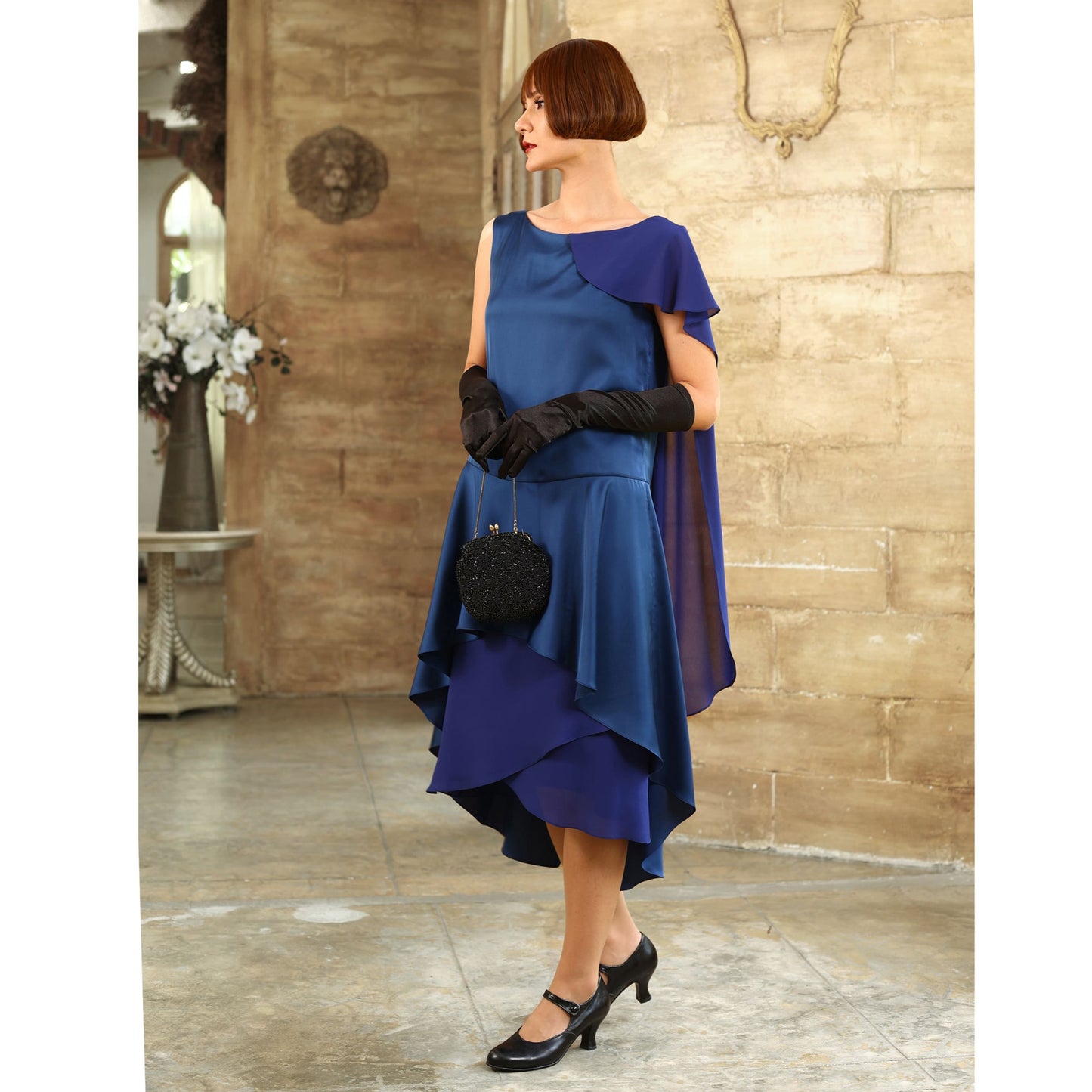 Blue Great Gatsby evening gown with a shoulder train - a vintage-inspired Roaring Twenties dress