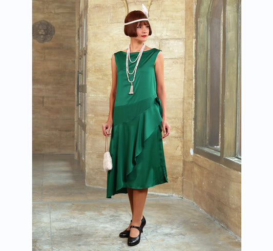 Boat neck green Great Gatsby satin party dress - a vintage-inspired Roaring Twenties dress