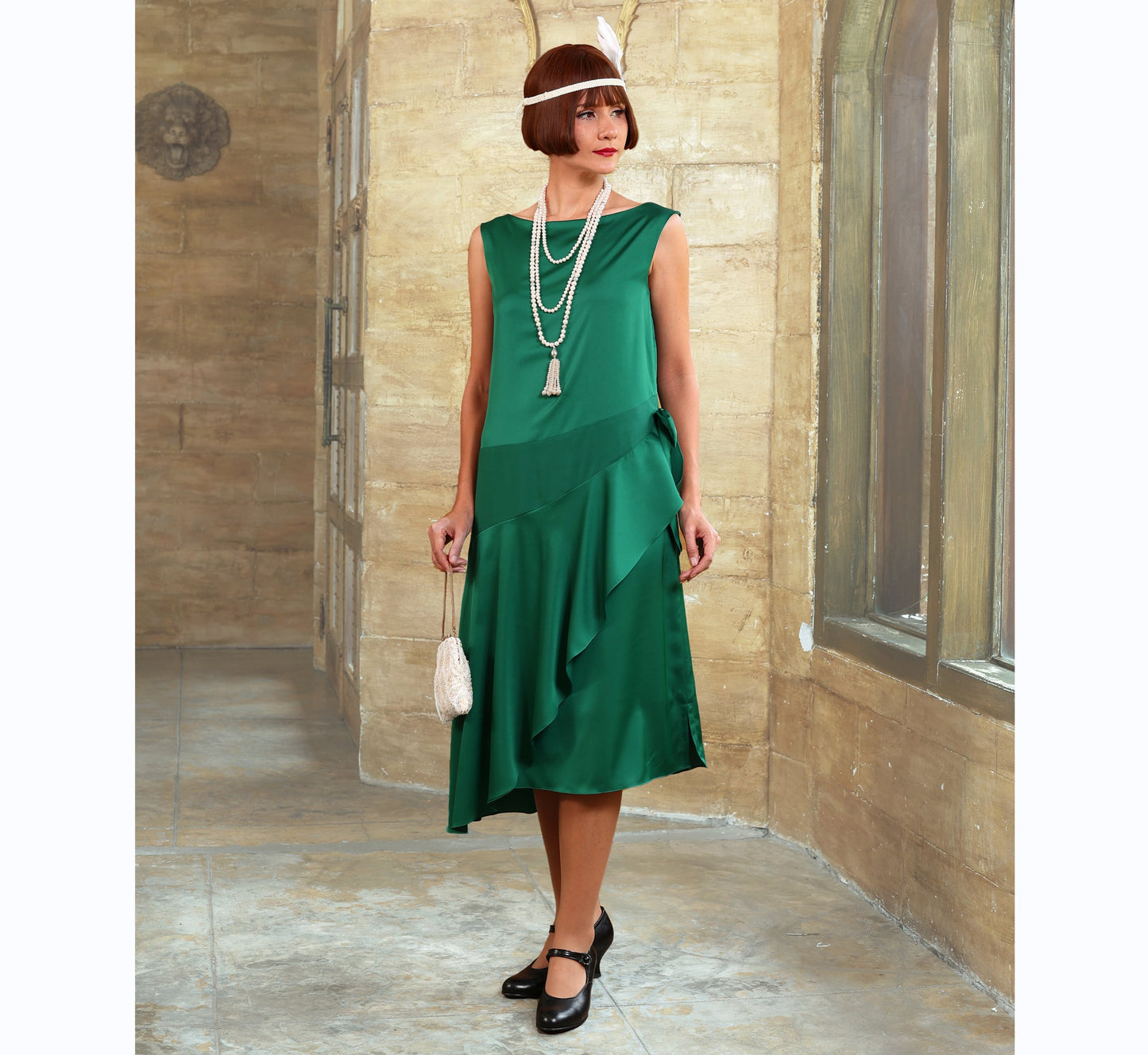 Boat neck green Great Gatsby satin party dress