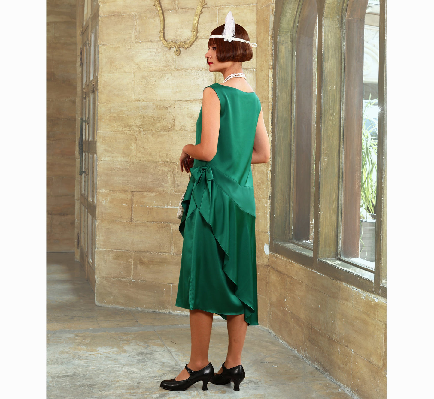 Boat neck green Great Gatsby satin party dress