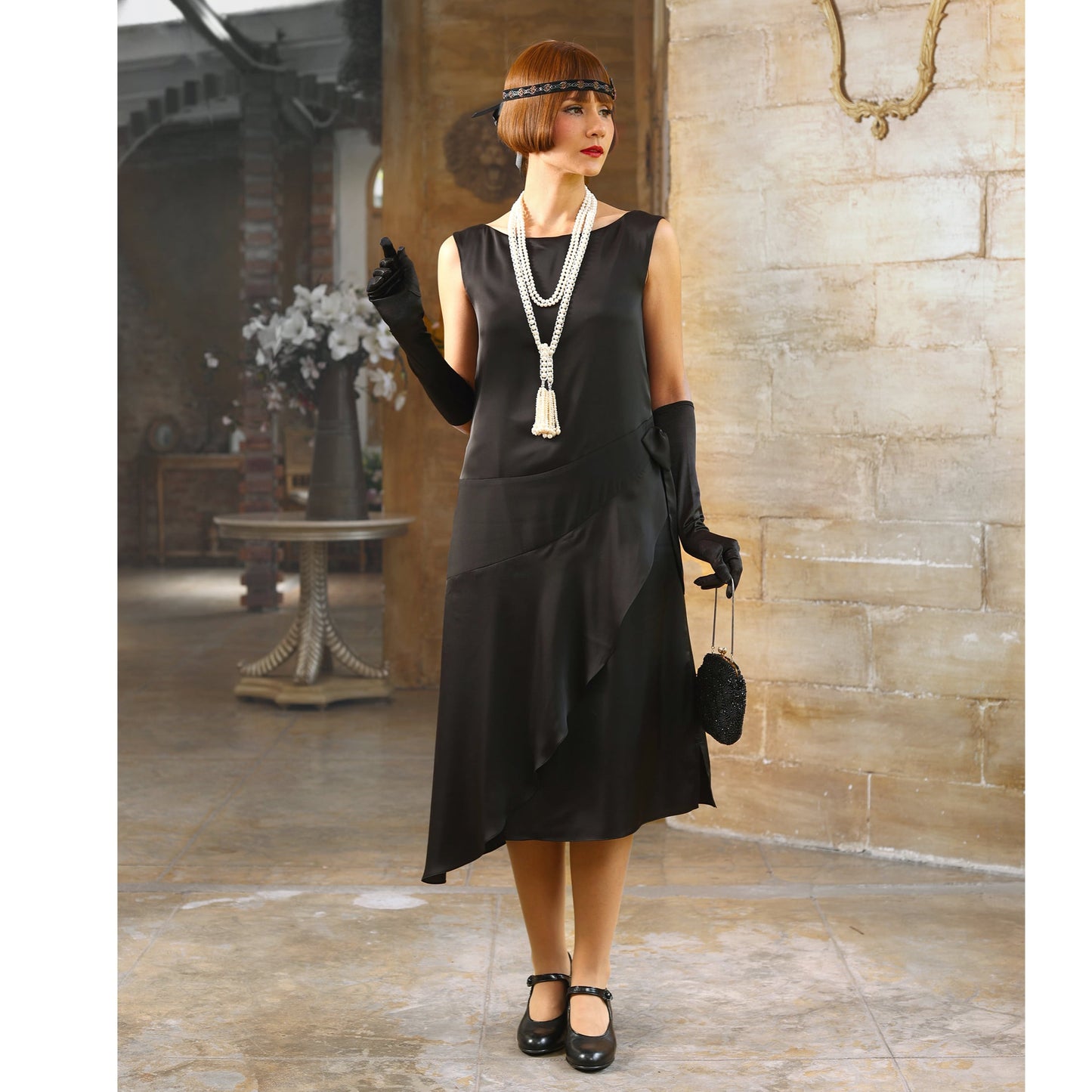 Boat neck little black Great Gatsby satin party dress - a vintage-inspired Roaring Twenties dress
