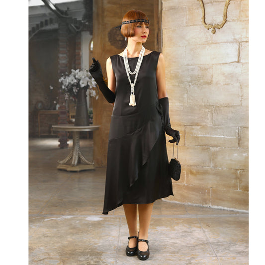 Boat neck little black Great Gatsby satin party dress - a vintage-inspired Roaring Twenties dress