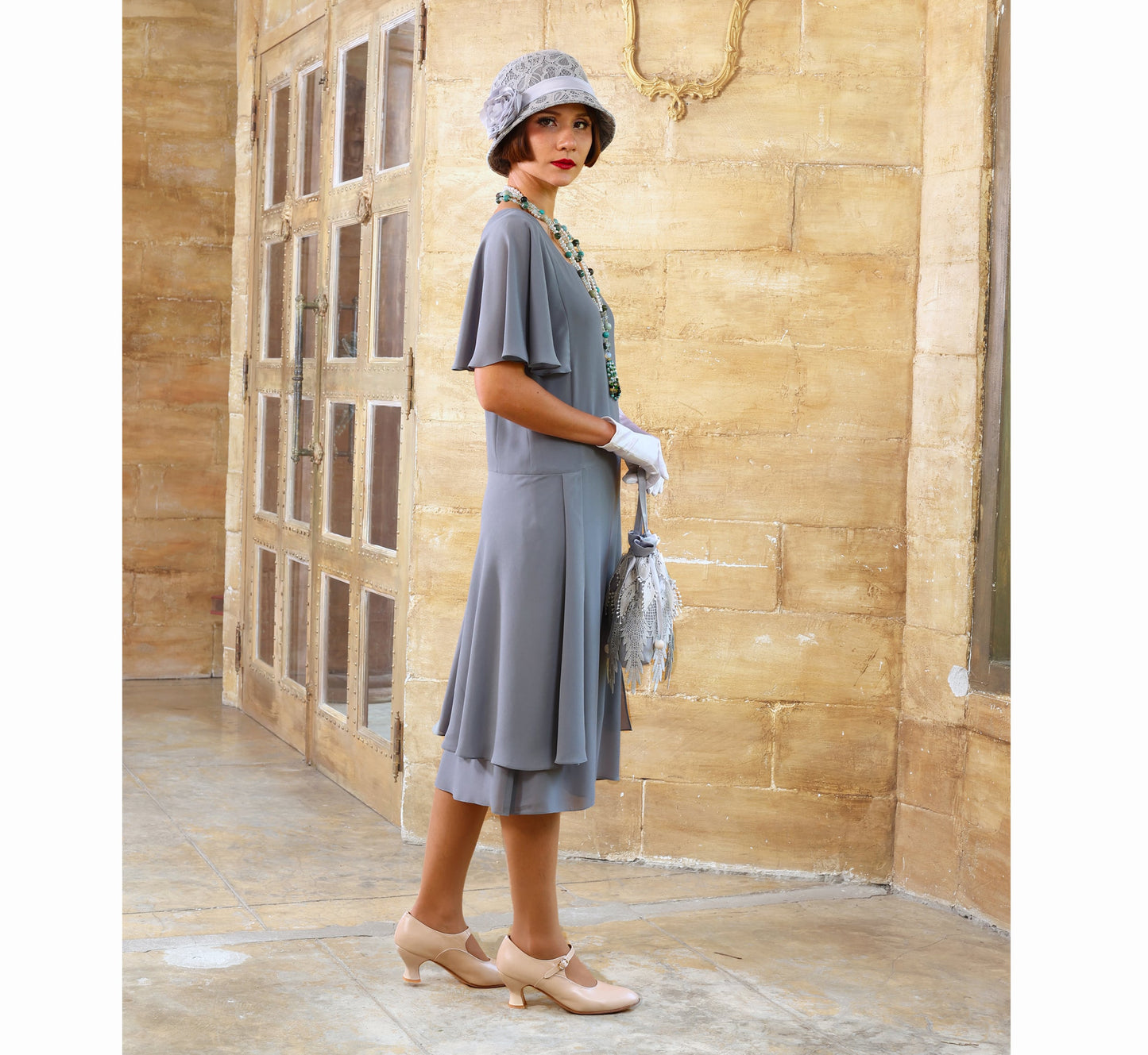 Grey chiffon 1920s dress with butterfly sleeves. This flapper dress can be worn as a Jazz Age Lawn Party dress or Miss Mary dress