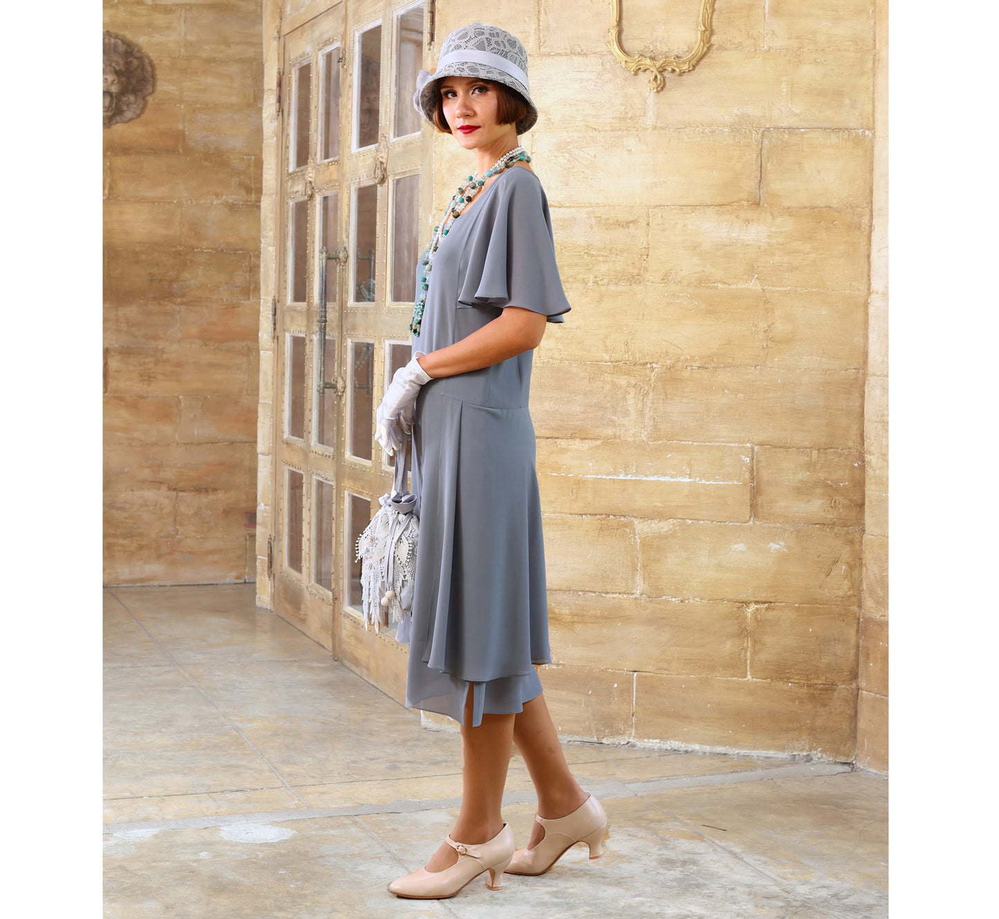 Grey Great Gatsby high tea dress with butterfly sleeves
