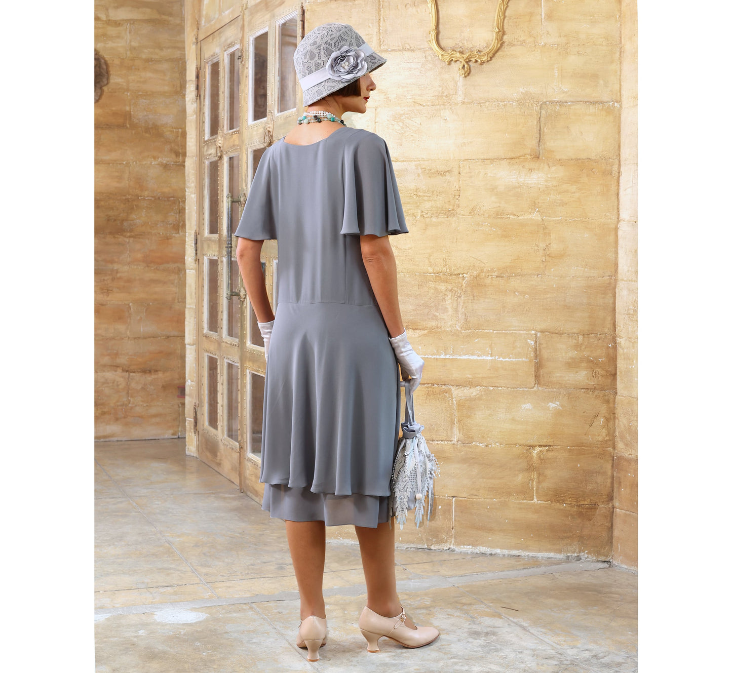 Grey Great Gatsby high tea dress with butterfly sleeves