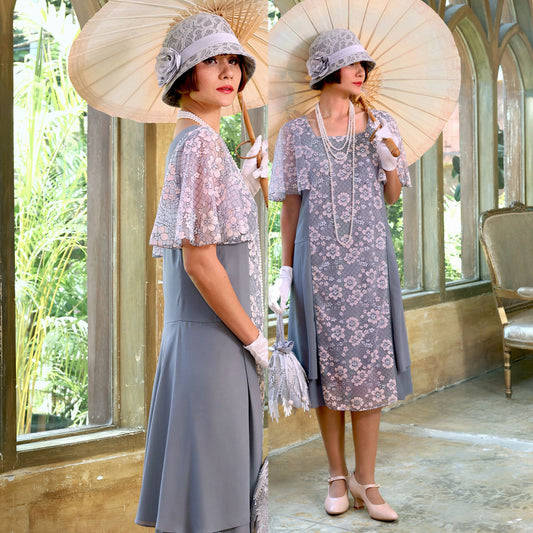 Grey and floral lace 1920s high tea dress with butterfly sleeves - a vintage-inspired Roaring Twenties dress
