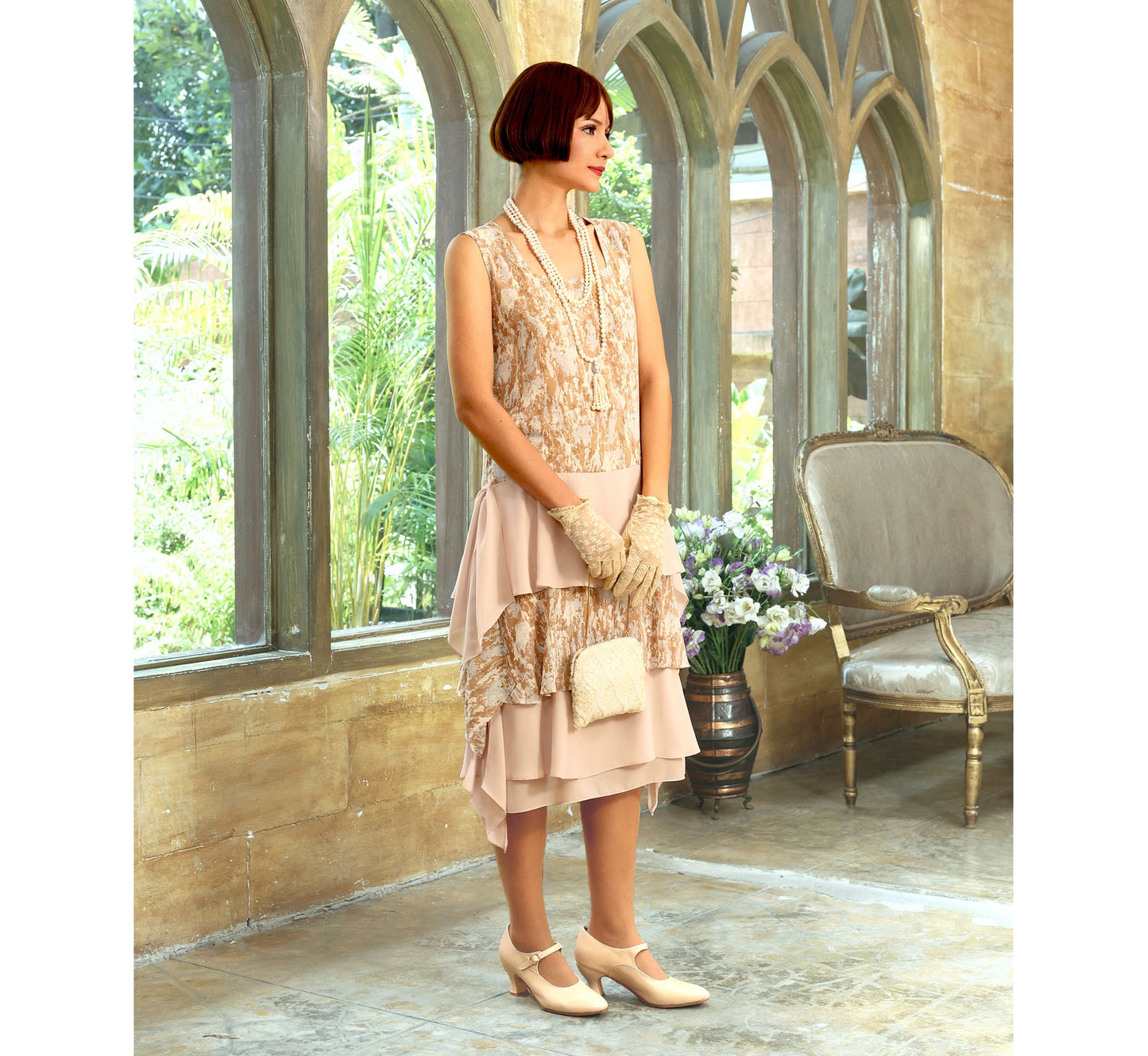 Brown and nude Gatsby party dress with layered skirt