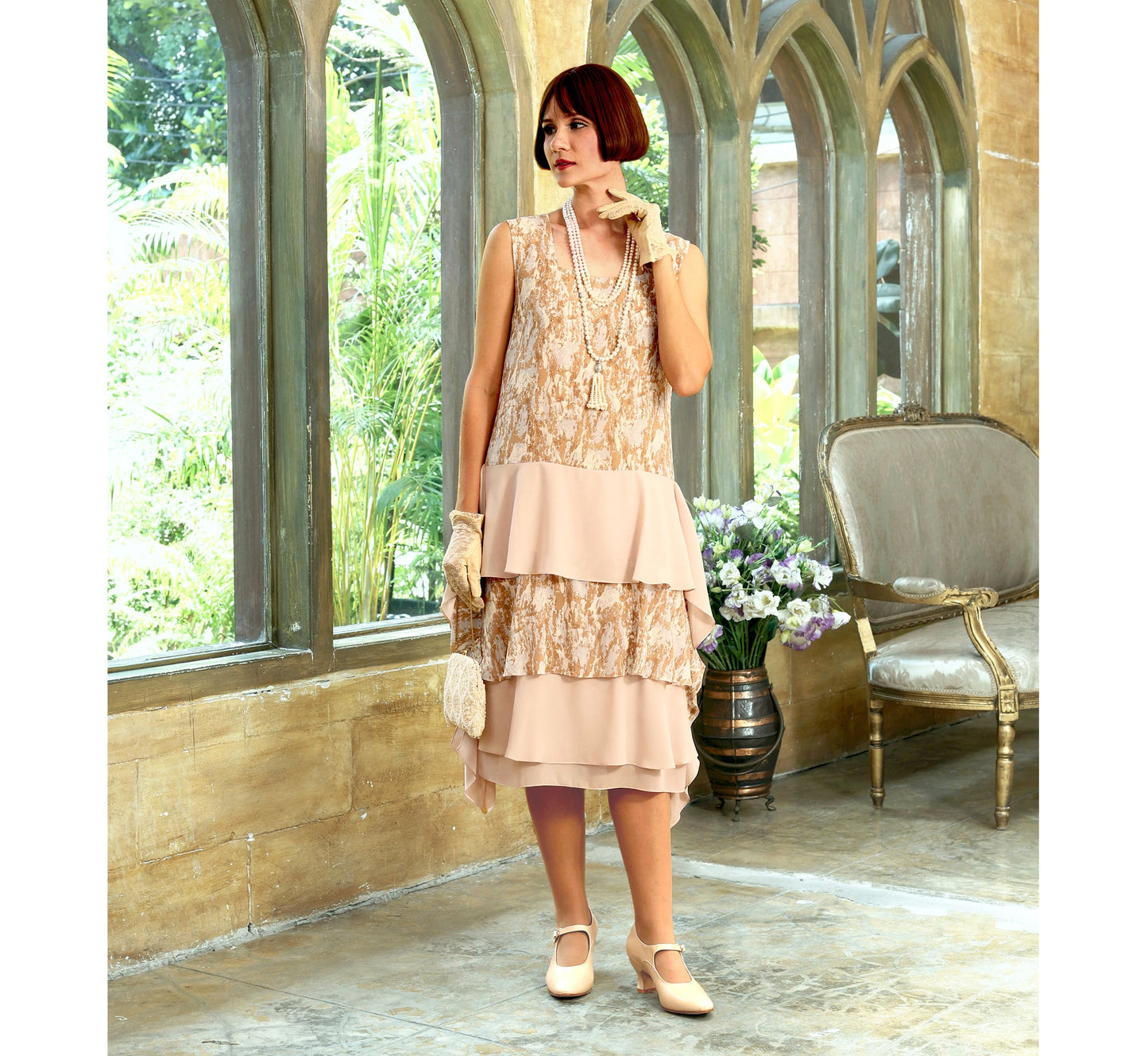 Brown and nude Gatsby party dress with layered skirt