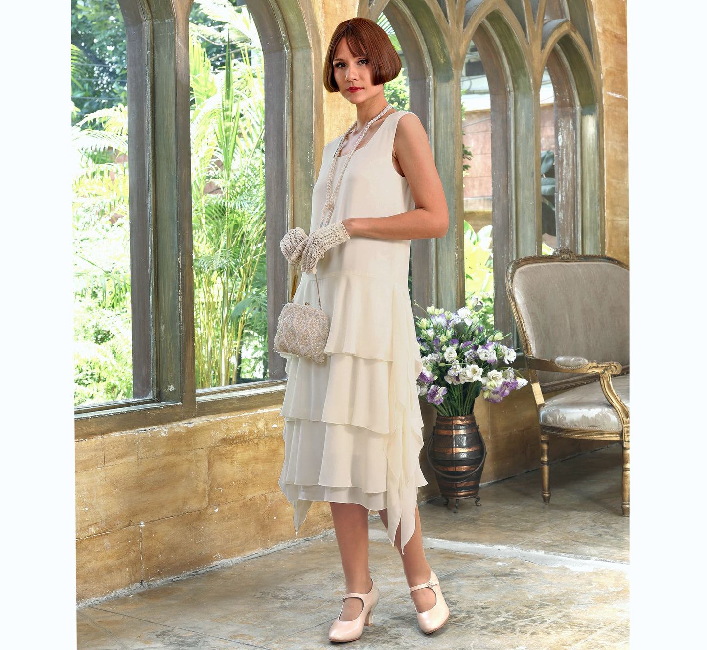 Cream Roaring 20s party dress with layered skirt - a vintage-inspired Roaring Twenties dress