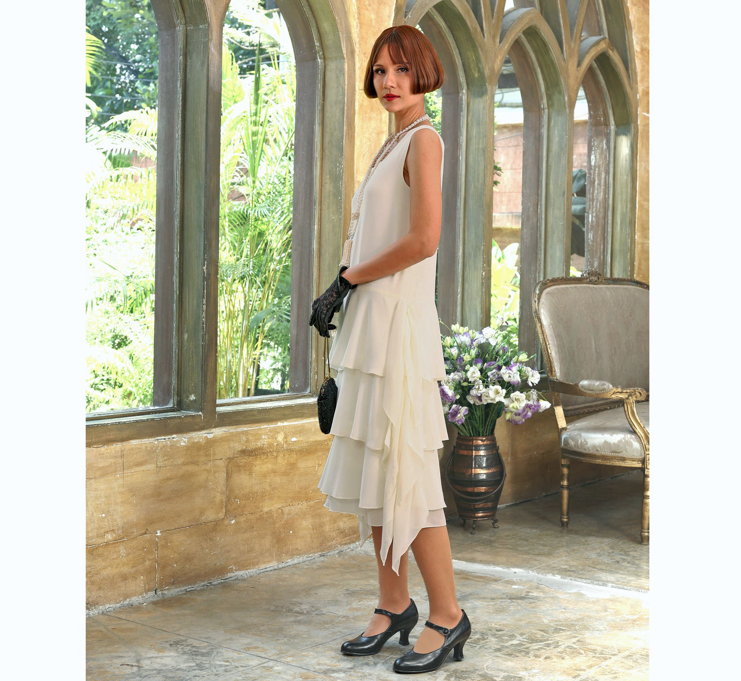 1920s party dress made of cream chiffon and with layered skirt. Can be worn as a Great Gatsby day or evening dress or Downton Abbey dress.