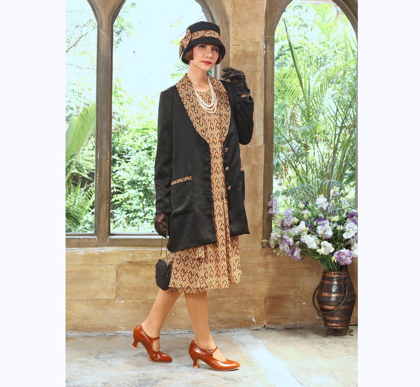 Satin black and brown satin 1920s jacket – or flapper jacket - with matching dress. Can be worn as Great Gatsby jacket or Downton Abbey jacket.