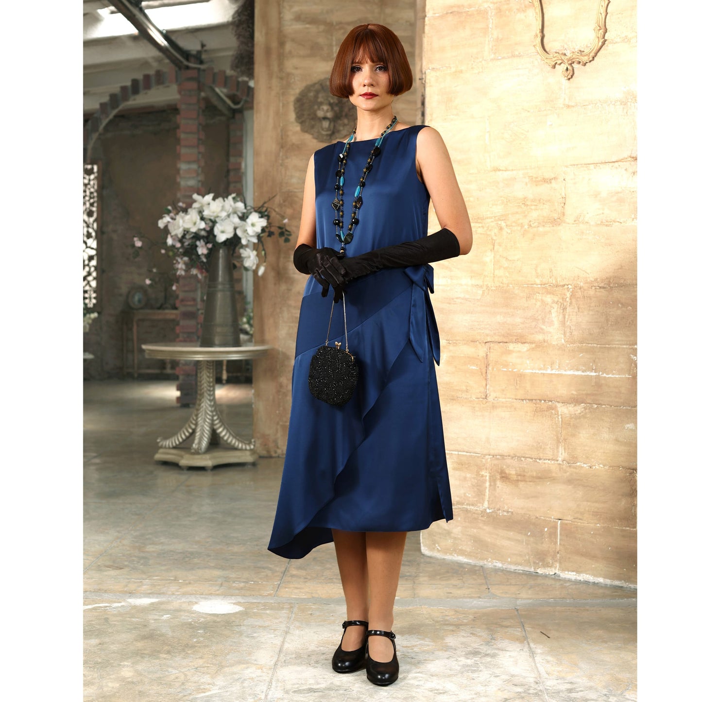 1920s Great Gatsby evening dress in blue satin - a vintage-inspired Roaring Twenties dress
