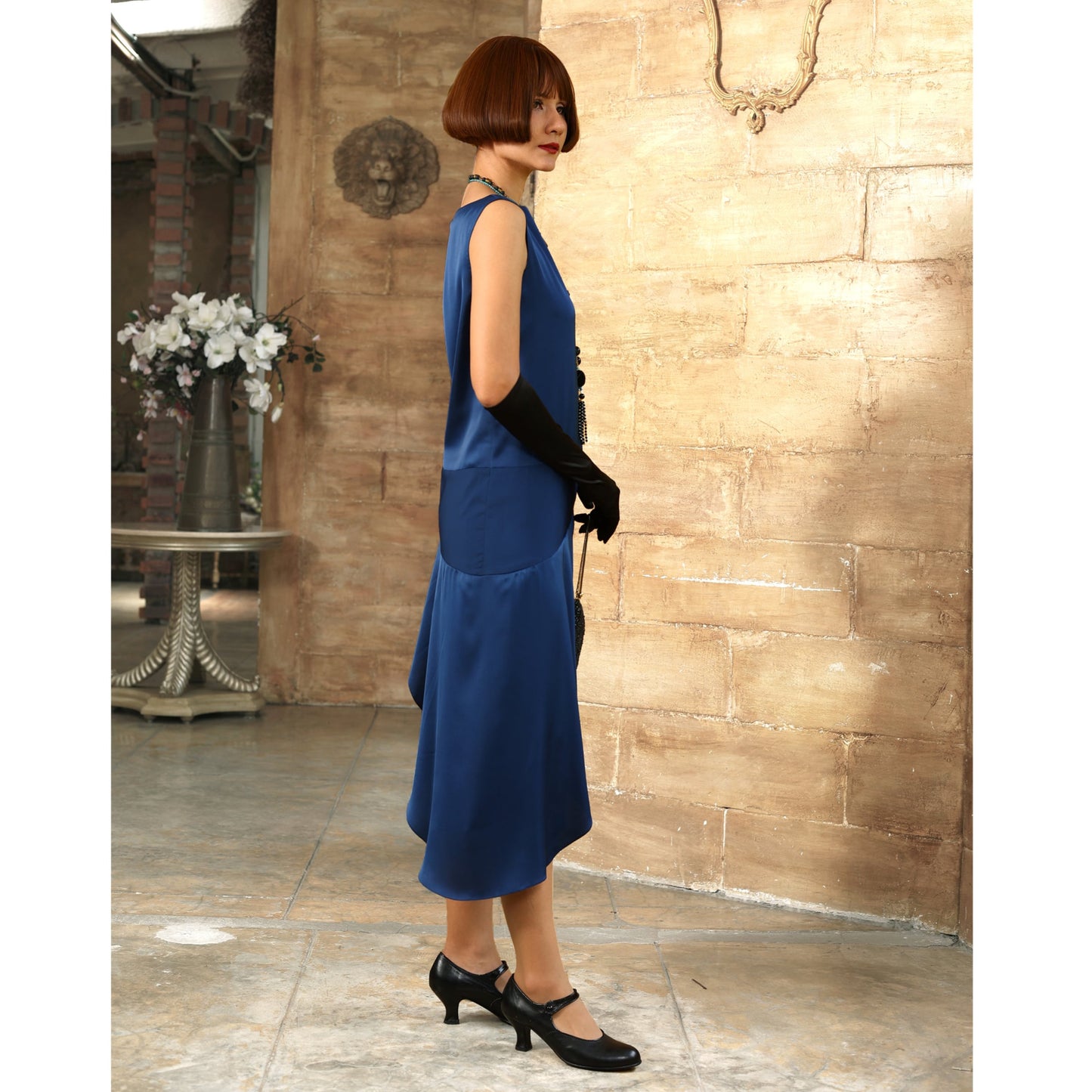 Dark blue satin 1920s evening dress that can be worn as a Great Gatsby evening dress, flapper dress or Downton Abbey dress.