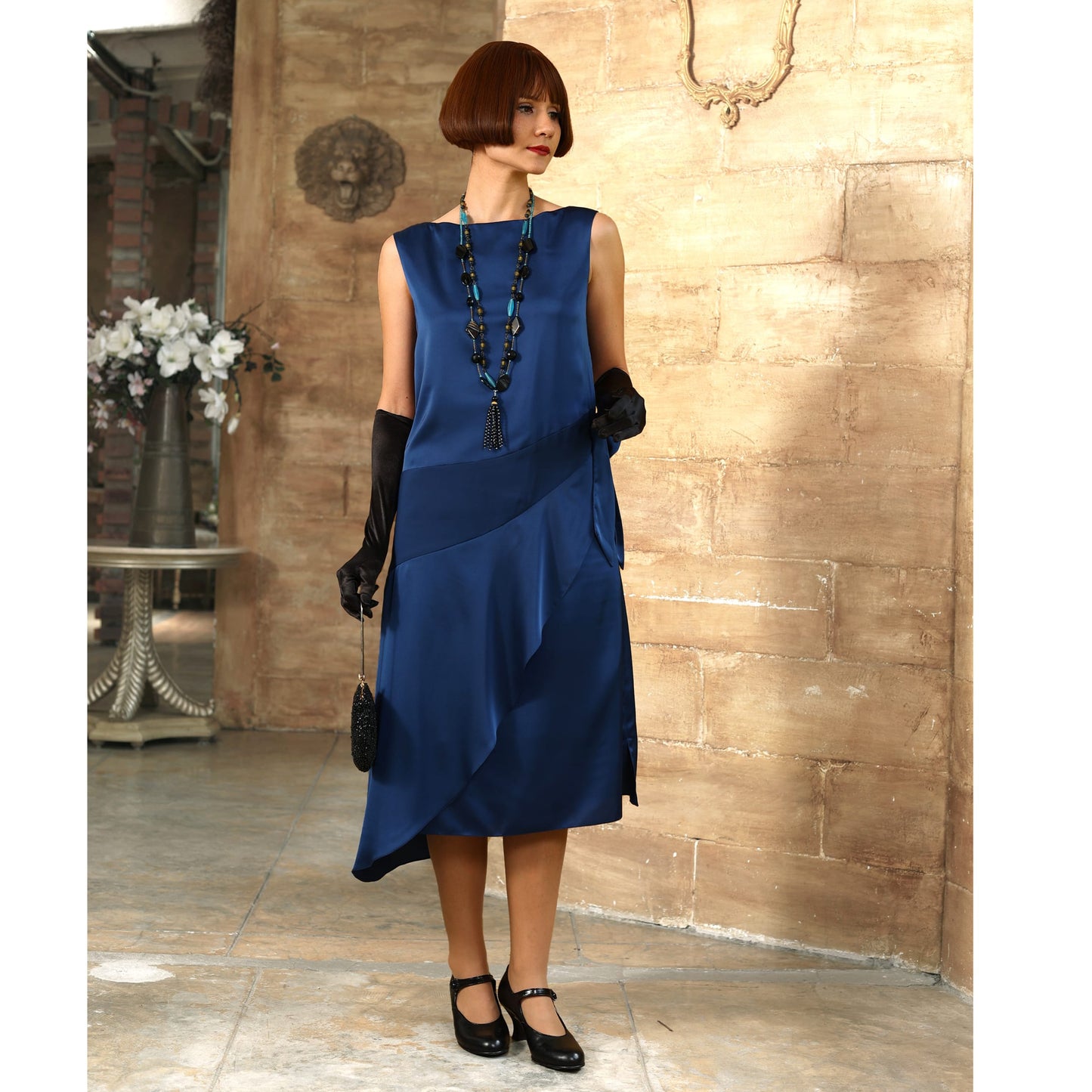 1920s Great Gatsby evening dress in blue satin