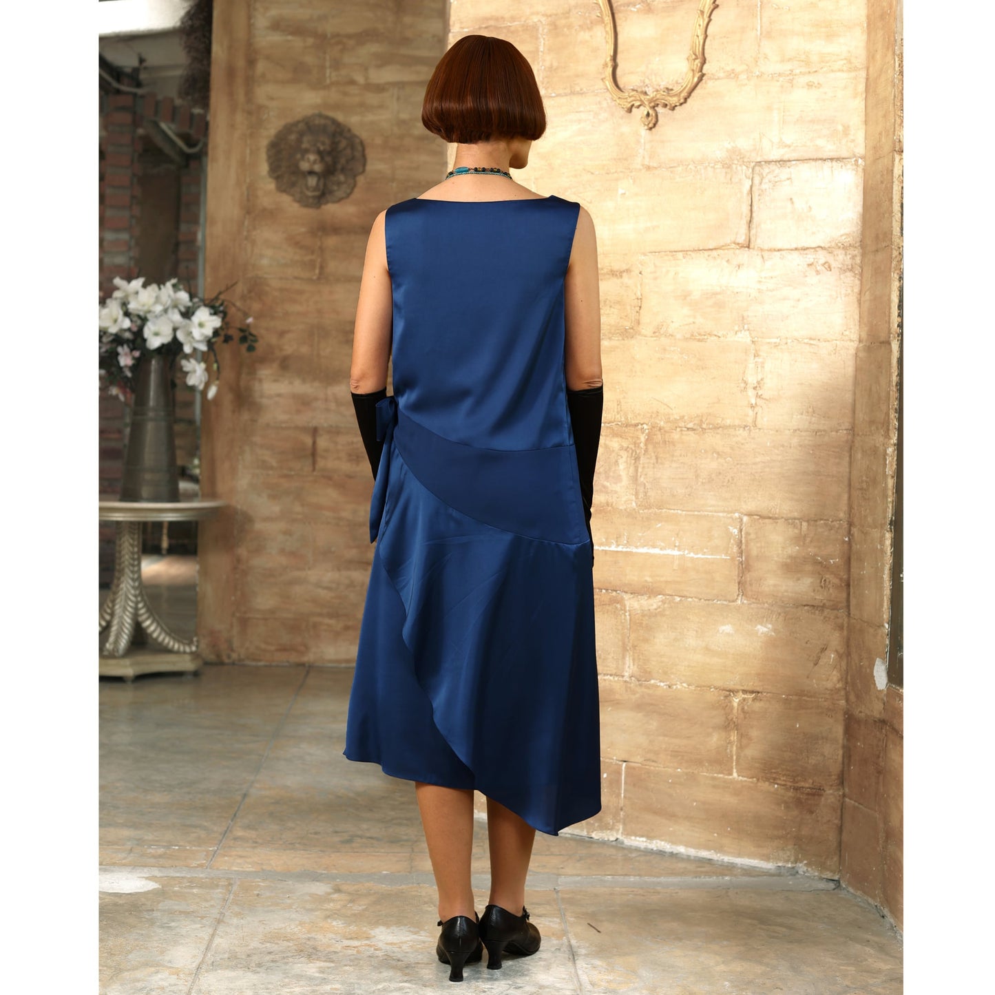 1920s Great Gatsby evening dress in blue satin