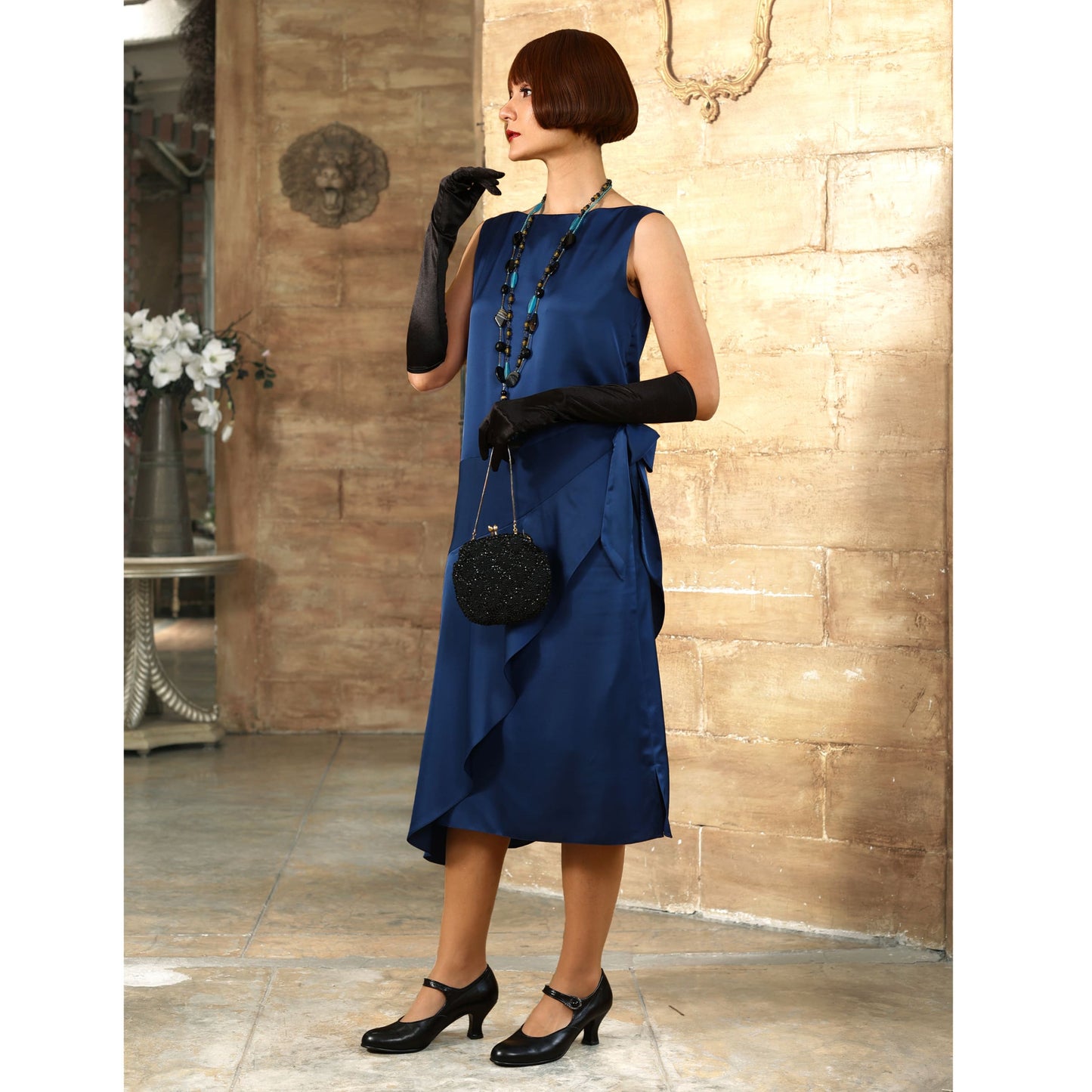 1920s Great Gatsby evening dress in blue satin