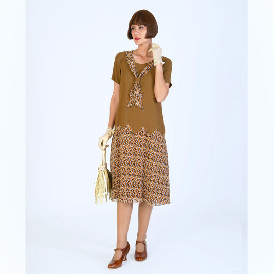 1920s inspired dress with brown georgette and printed brown chiffon - a vintage-inspired Roaring Twenties dress