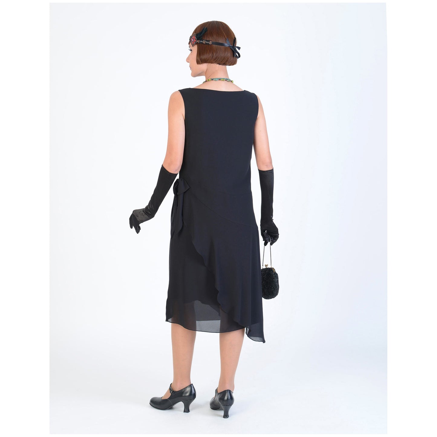 1920s Great Gatsby dress in black chiffon with a boat neck