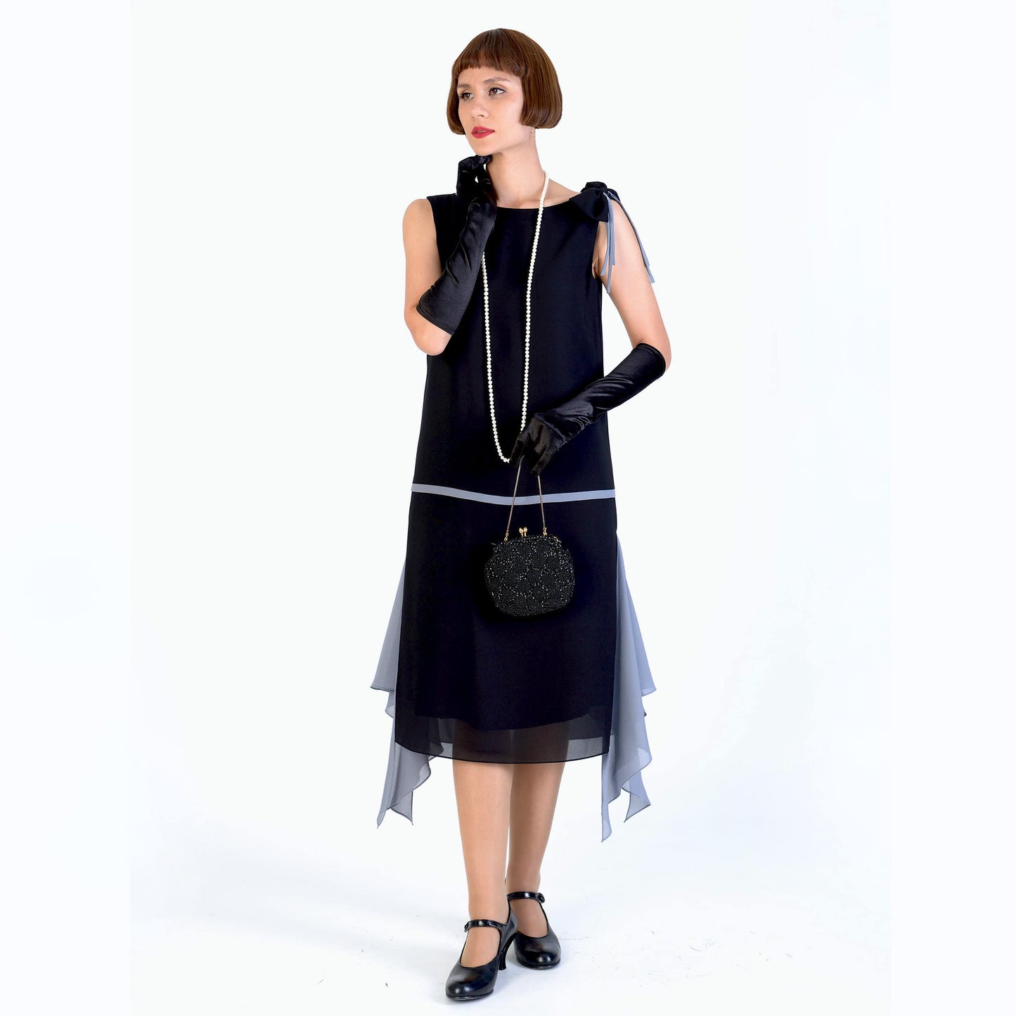 1920s black and grey party dress with shoulder bow