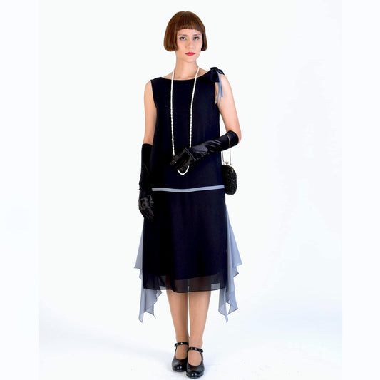 1920s black and grey party dress with shoulder bow - a vintage-inspired Roaring Twenties dress
