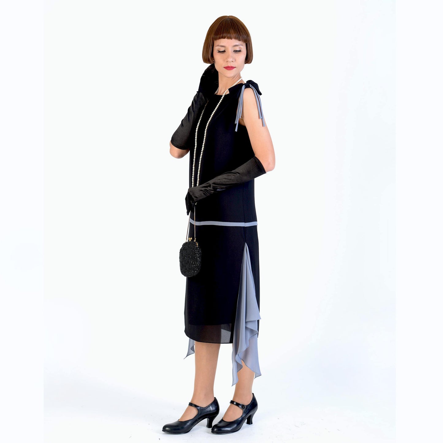 1920s dress made of black chiffon with grey details. It can be worn as a Great Gatsby dress, a Downton Abbey dress or a Lady Mary dress.