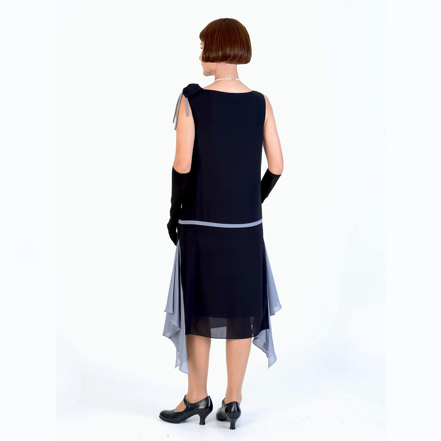 1920s black and grey party dress with shoulder bow