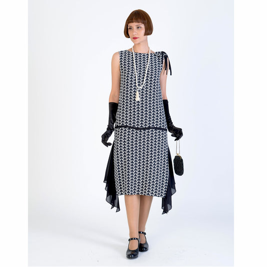 1920s black and white dress with a shoulder bow - a vintage-inspired Roaring Twenties dress