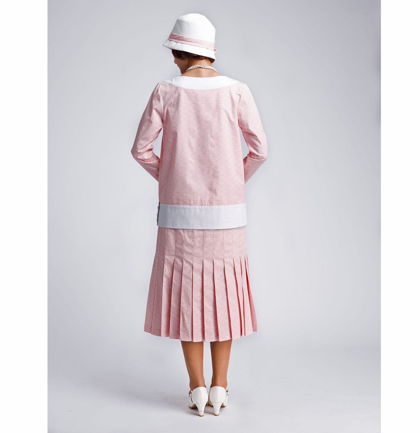 CLEARANCE: Pink Cotton 2-Piece 1920s Dress with Off-White Details and Pleated Skirt