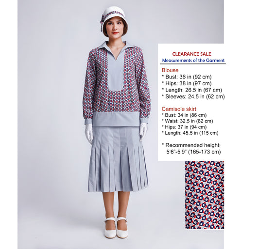 CLEARANCE: 1920s Cotton 2-Piece Gatsby Day Dress in Solid Grey and blue/red/grey print