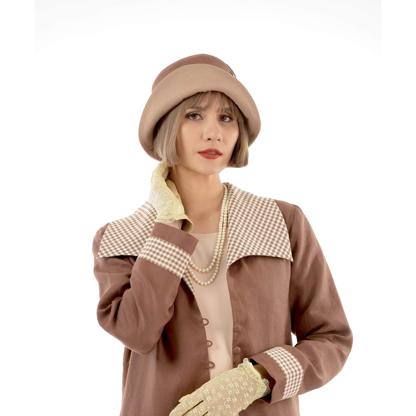 2-tone brown linen 1920s reproduction cloche hat. This 1920s hat can be worn as Great Gatsby hat, 1920s tea party hat or Downton Abbey hat.