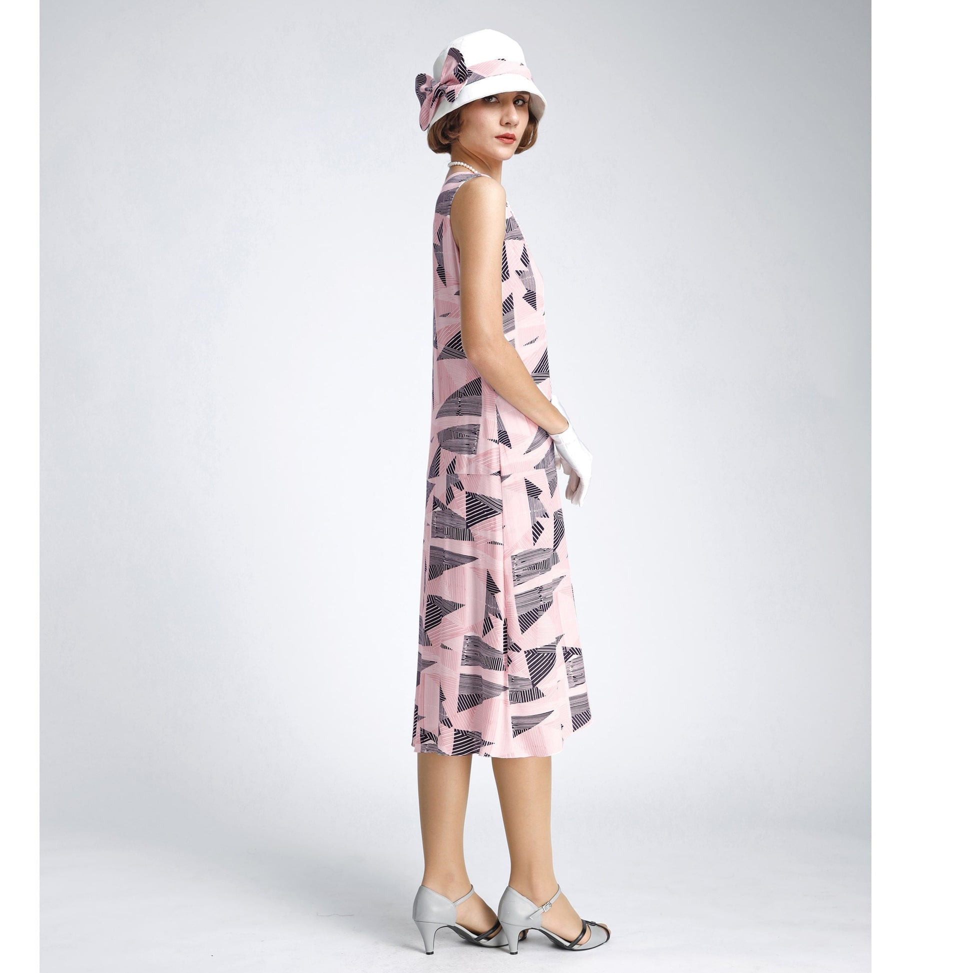 1920s-inspired flapper dress in pink and black with drape and bow. Can be worn as a Great Gatsby dress, Downton Abbey dress or 20s high tea dress.