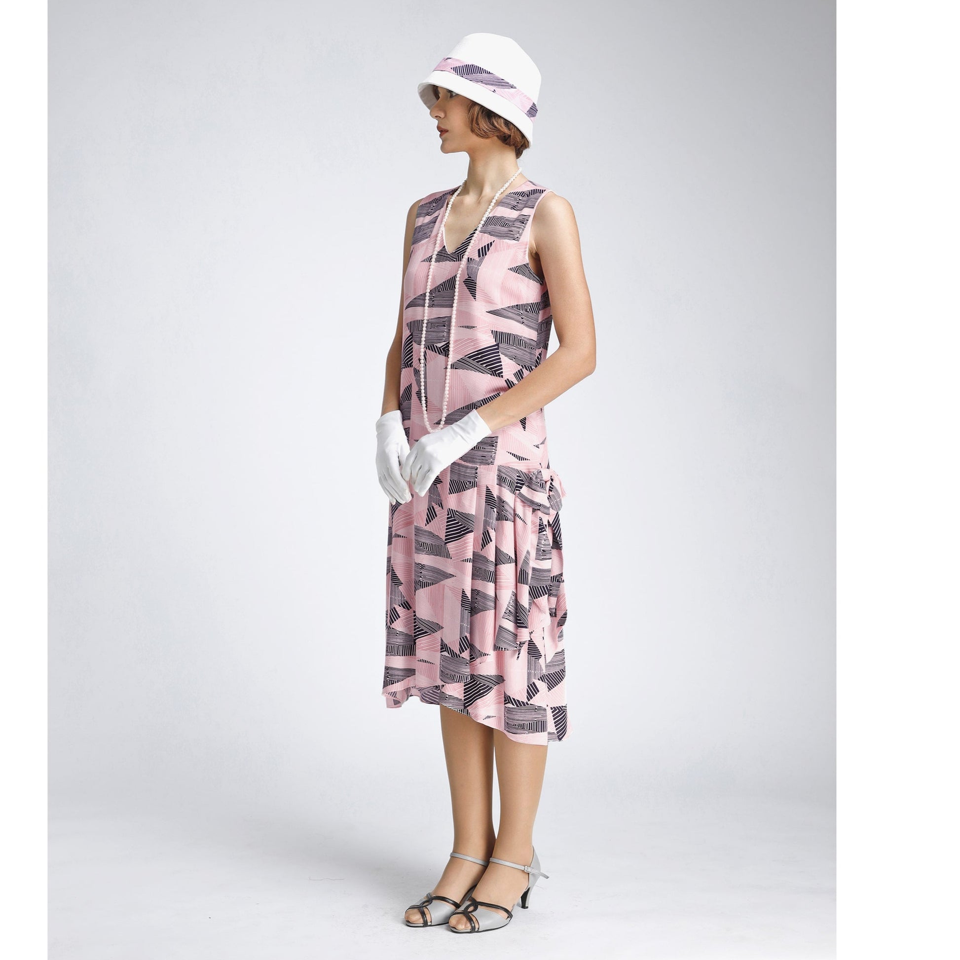 1920s-inspired rayon flapper dress in pink and black with drape and bow - a vintage-inspired Roaring Twenties dress