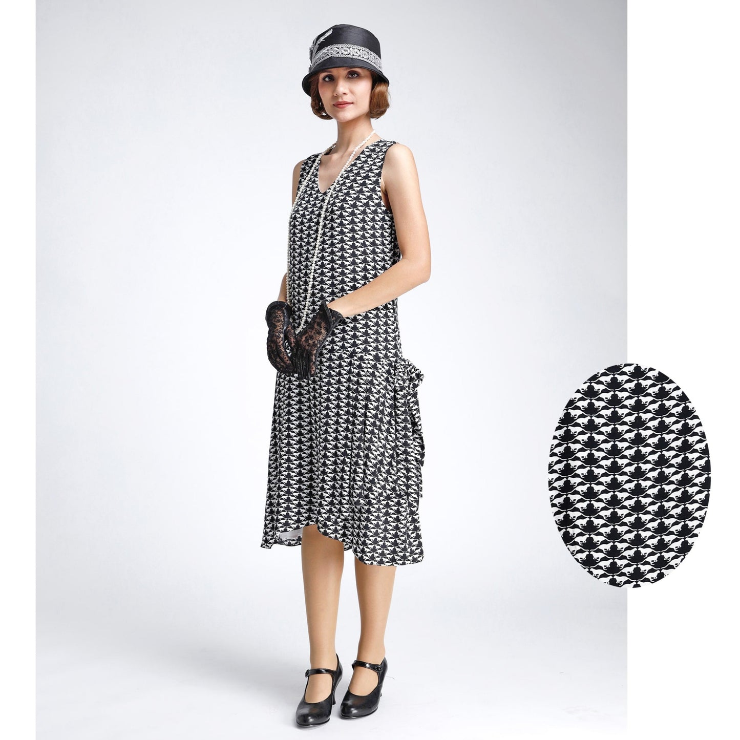 Black/white 1920s-inspired viscose rayon art deco dress with drape/bow - a vintage-inspired Roaring Twenties dress