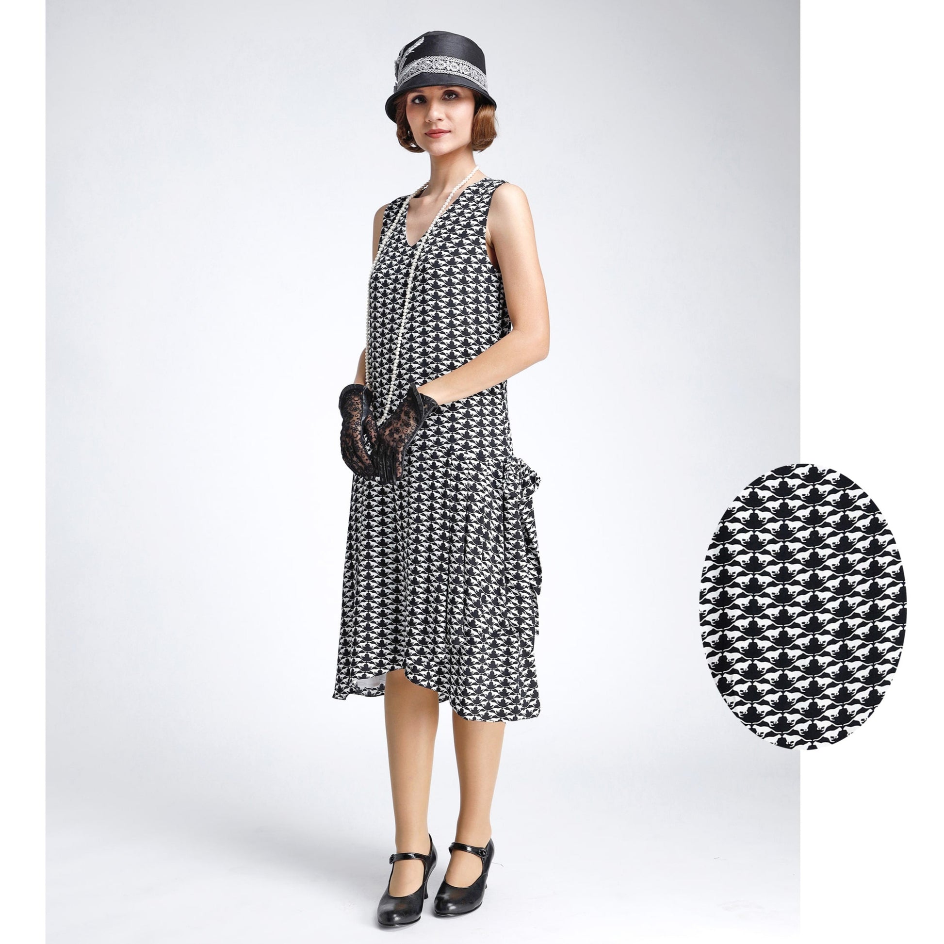 Black/white 1920s-inspired viscose rayon art deco dress with drape/bow - a vintage-inspired Roaring Twenties dress