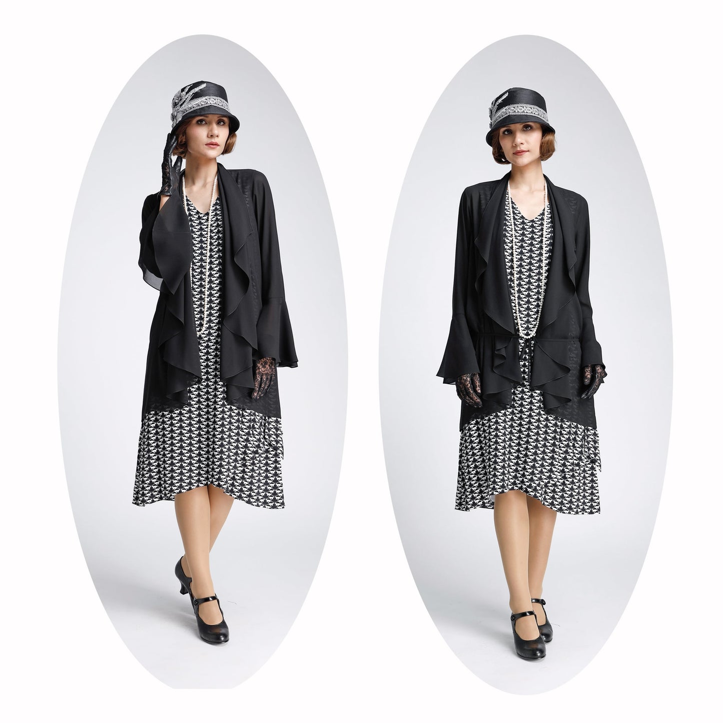 Black/white 1920s-inspired chiffon art deco dress with drape/bow