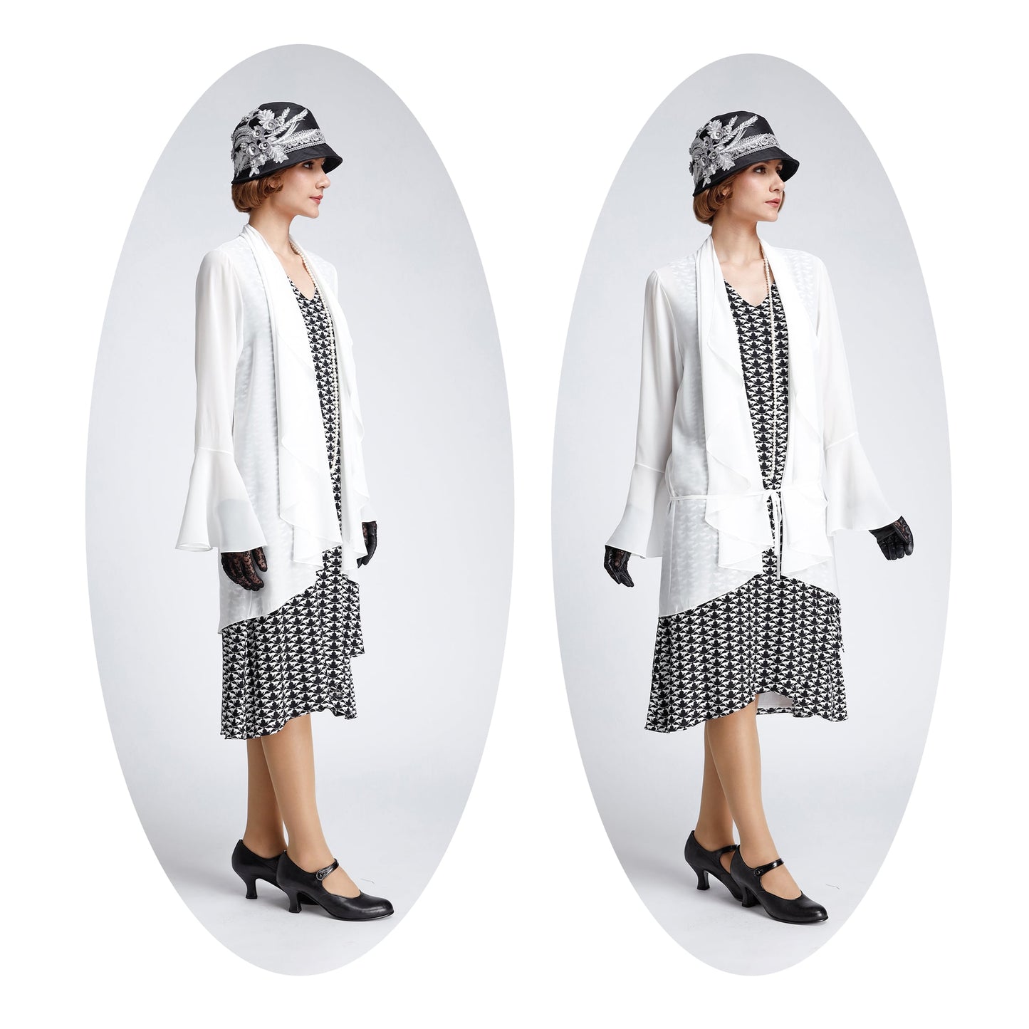 Black/white 1920s-inspired chiffon art deco dress with drape/bow